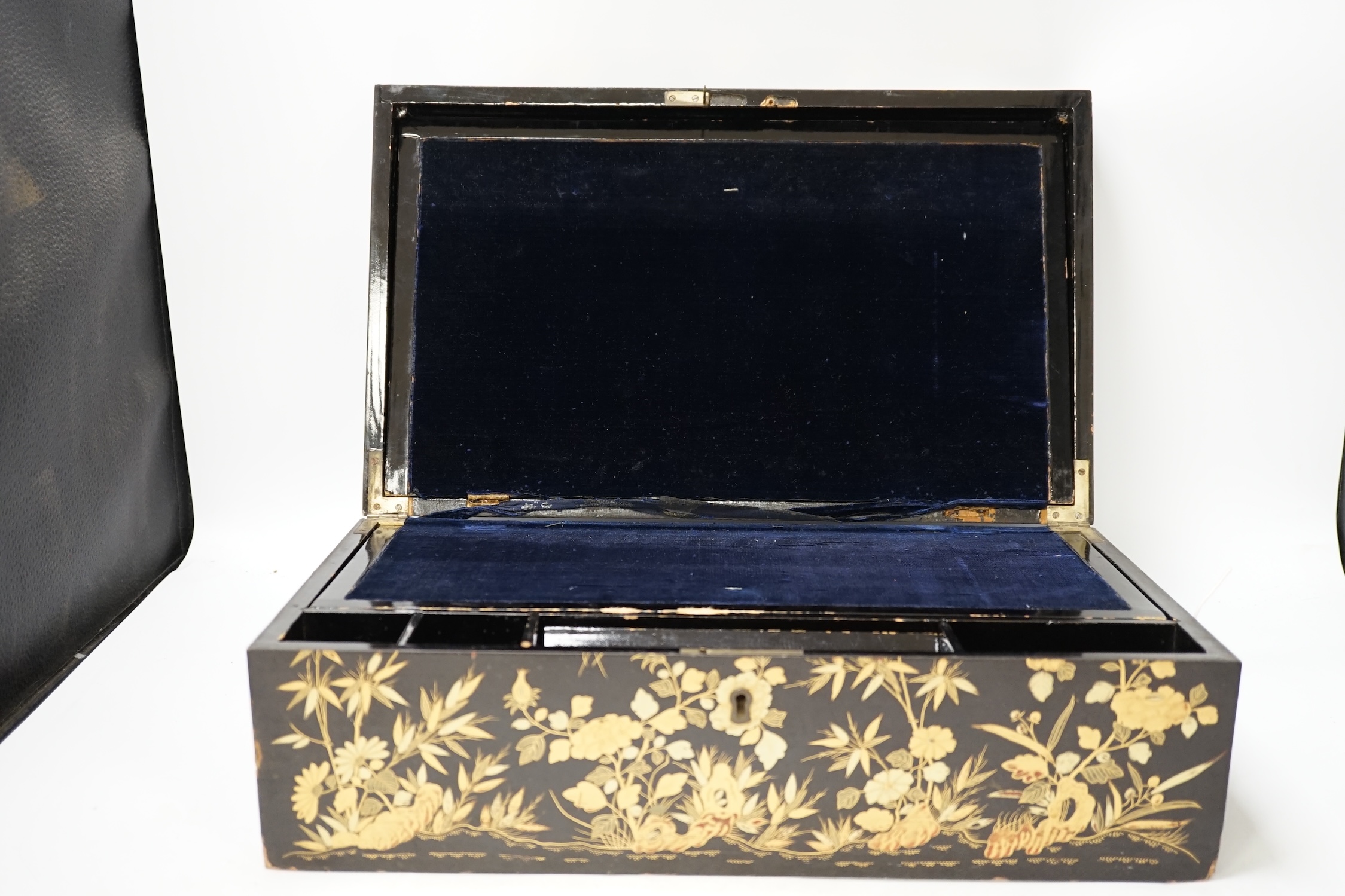 A mid 19th century Chinese Export lacquer writing box, 42cm wide. Condition- fair, some chipping